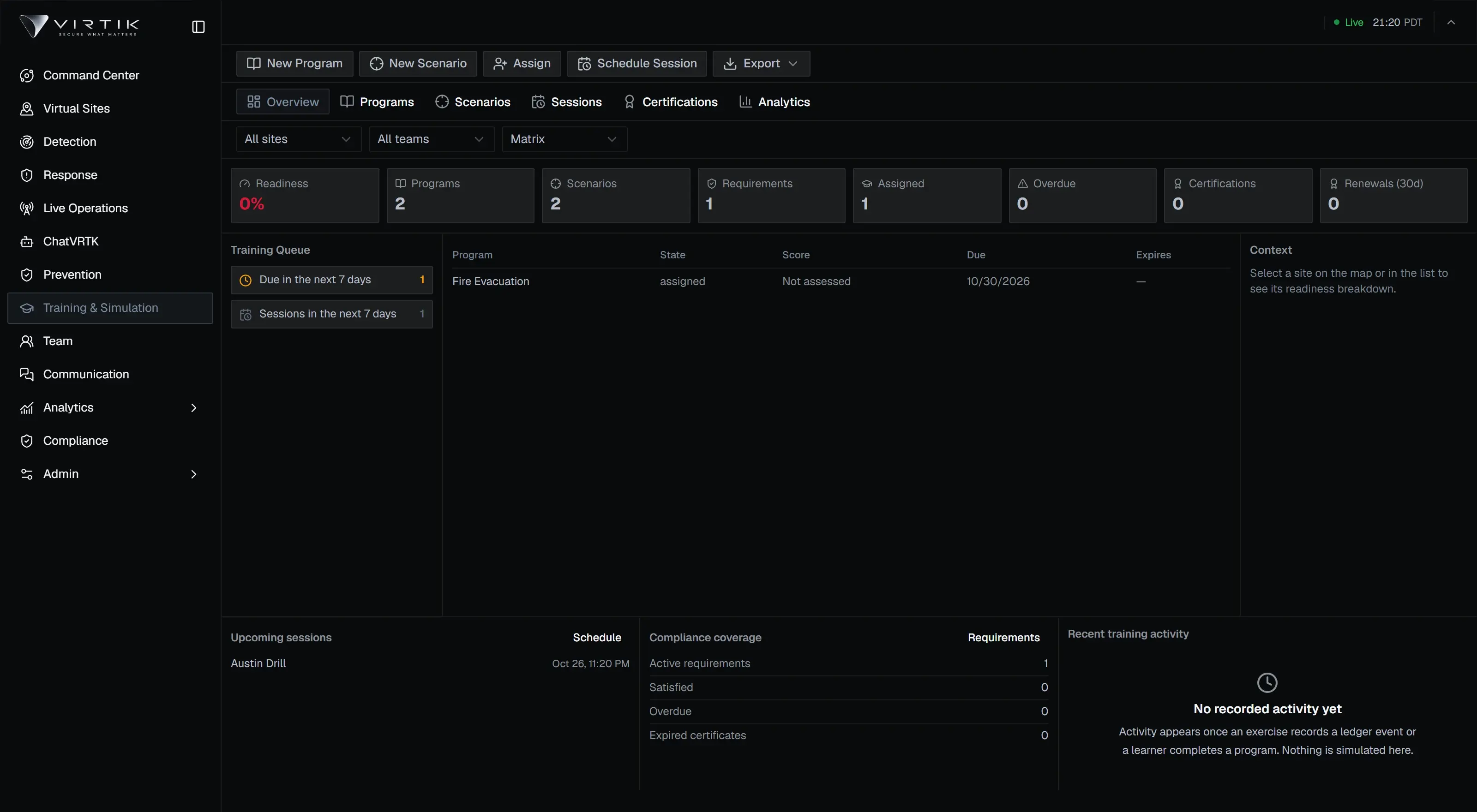 The Virtik Training Simulation interface, captured from the application.