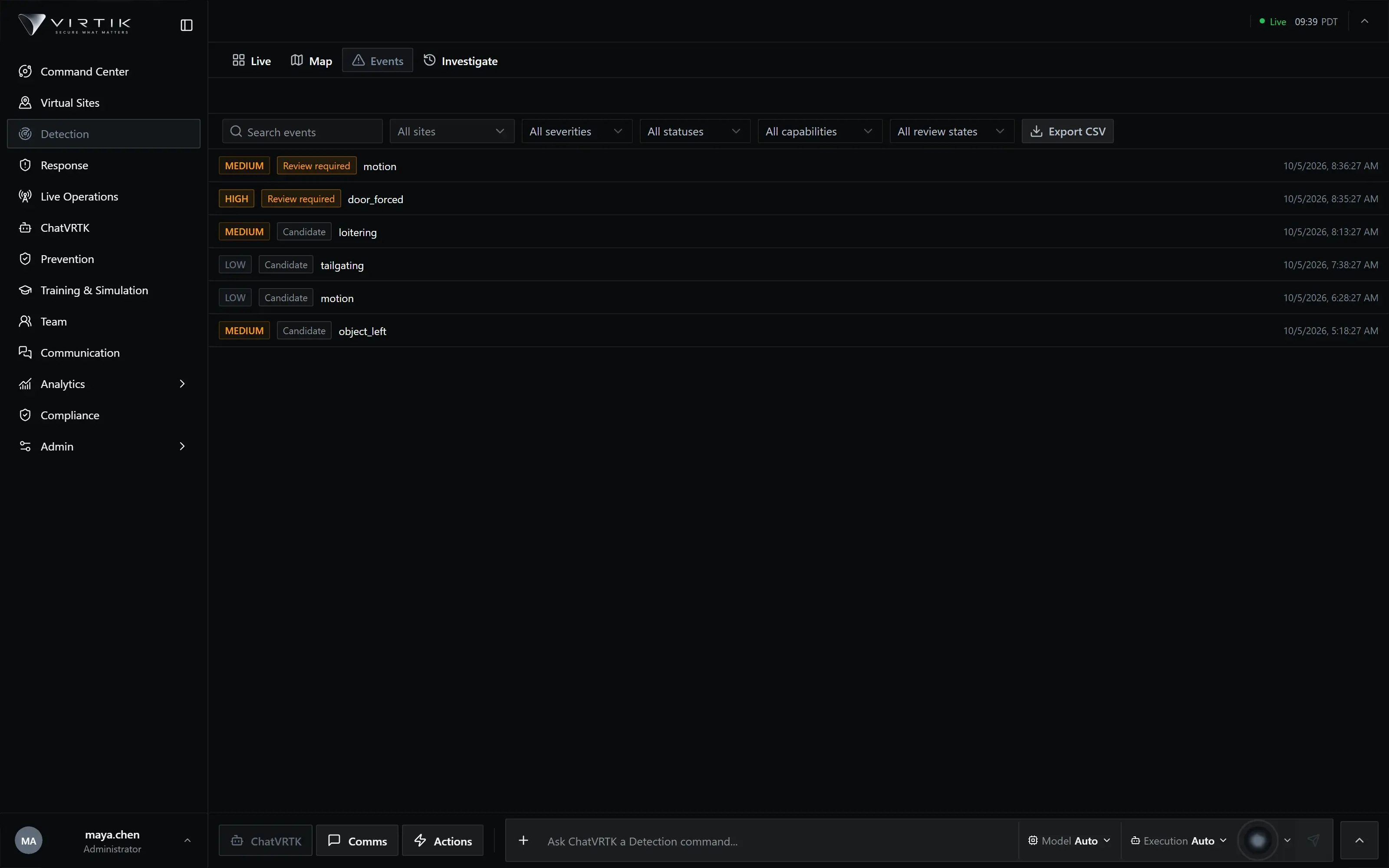 Virtik Detection: an Events list with a severity and a review state on each event — motion, door forced, loitering, tailgating and object left — filterable by site, severity, status, capability and review state.