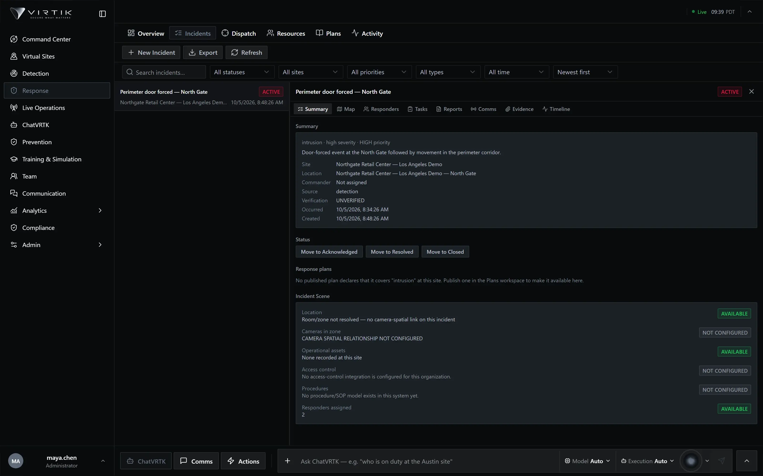 Virtik Response: an active forced-door incident with a summary, status actions and an incident scene that marks each capability as available or not configured.