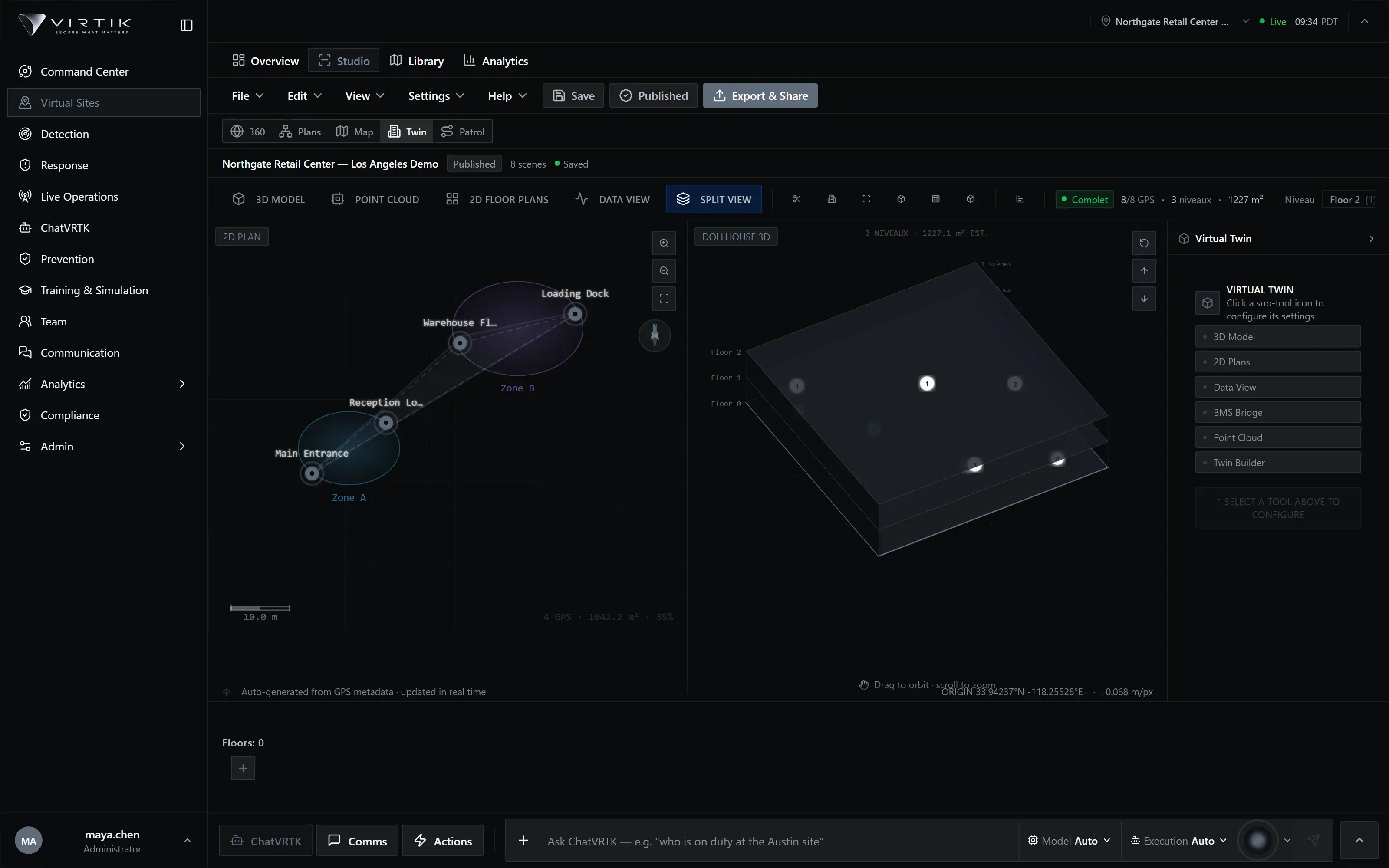 Virtik Digital Twin: a two-pane view with a 2D plan of GPS-tagged scenes grouped into zones, and a 3D dollhouse of the building as three stacked floors with a marker for each scene, under a twin summary of GPS coverage, levels and area.