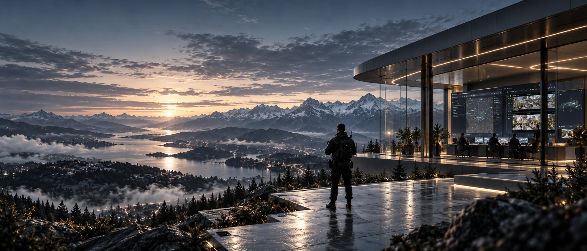 A security officer in tactical gear stands on a stone terrace at dusk, looking out over a misty lake, forested hills and snow-capped mountains, beside a glass-walled operations room where operators work at a wall of screens.